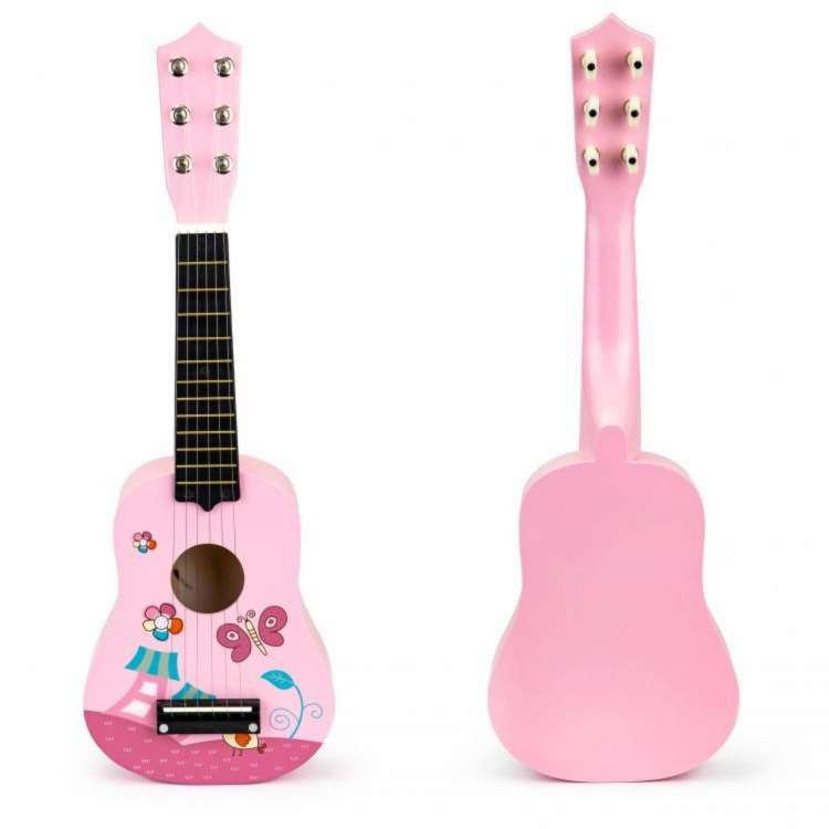 Drvena gitara za decu sa metalnim žicama pink 