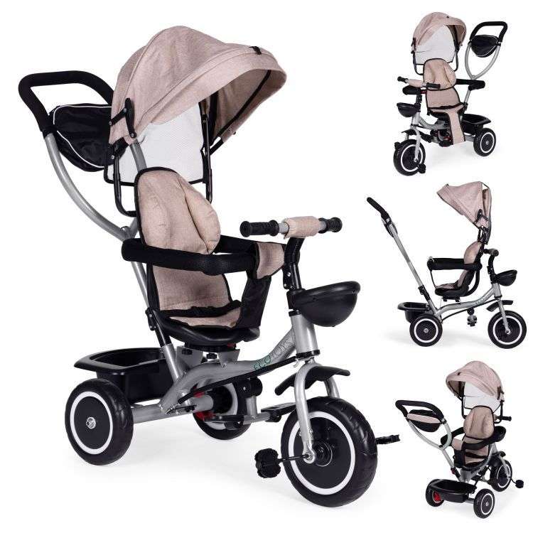 2u1 tricikl sa rotirajućim sedištem i sklopivom tendom Beige,Ecotoys